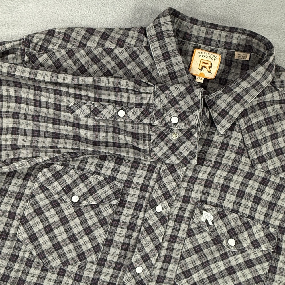 Resistol Double R Pearl Snap Flannel Men's 2XL Gray Black Plaid Western Shirt